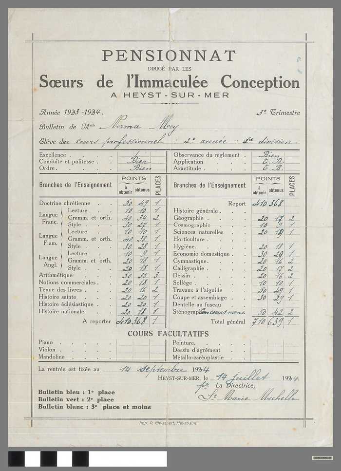 Rapport van Melle Norma Mey - Année 1933-1934 - 3e Trimestre - Pensionnat dirigé par les Soeurs de L'Immaculée Conception à Heyst-sur-Mer