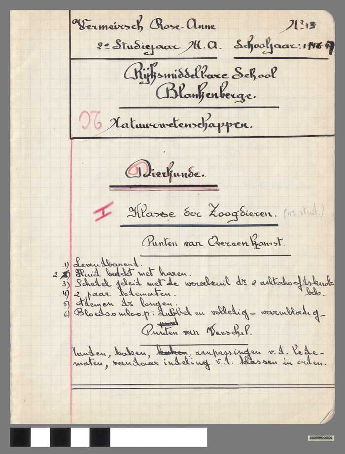 Schoolschrift - Natuurwetenschappen Vermeirsch Rose-Anne - 1946-1947