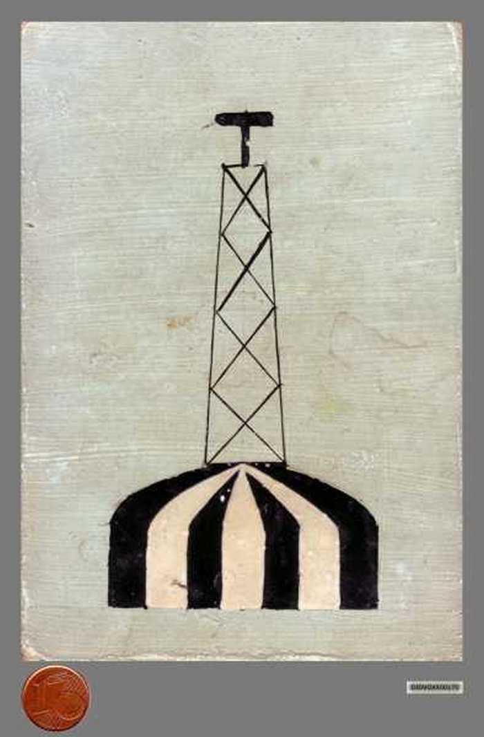 Plaatje van torenvormige boei, zowel lateraal- als kardinaal stelsel. Werd gebruikt onder de Nederlandse kust.