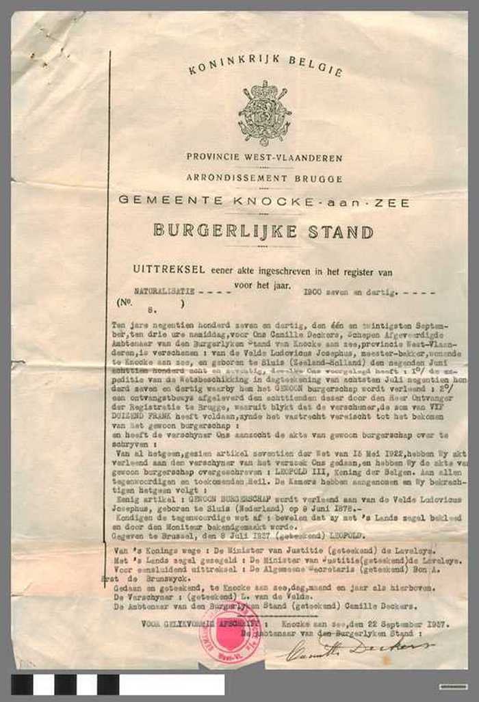 UITTREKSEL eener akte ingeschreven in het register van NATURALISATIE voor het jaar 1900 zeven en dertig - VAN DE VELDE Ludovicus