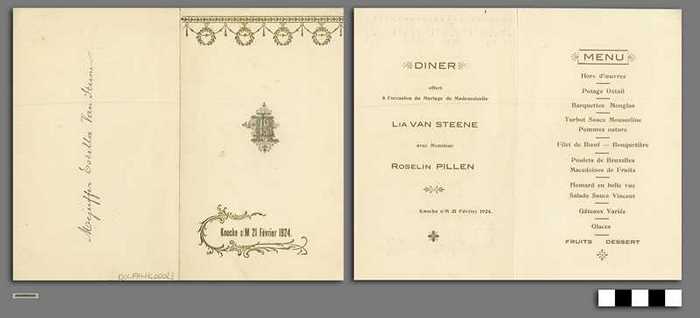 Menu ter gelegenheid van het huwelijk van Lia Van Steene en Roselin Pillen - Knocke S/M 21 Février 1924