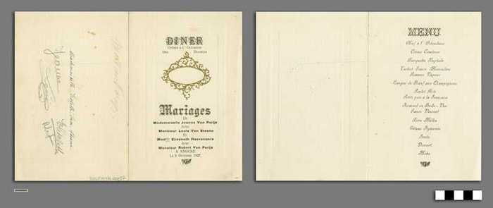 Diner ter gelegenheid van het dubbel huwelijk van Jeanne Van Parijs met Louis Van Steene en Elisabeth Hoevenaars met Robert van Parijs
