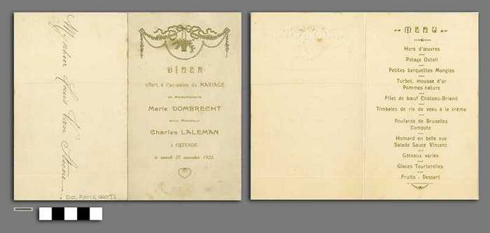 Diner offert à l'occasion du mariage de Mademoiselle Marie Dombrecht avec Monsieur Charles Maleman à ostende le samedi 25 novembre 1922