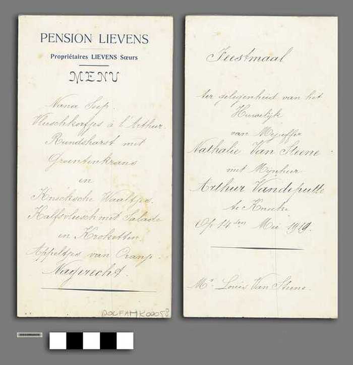 Feestmaal ter gelegenheid van het huwelijk van Mejuffer Nathalie Van Steene en Mijnheer Arthur vandeputte te Knokke op 14 mei 1919