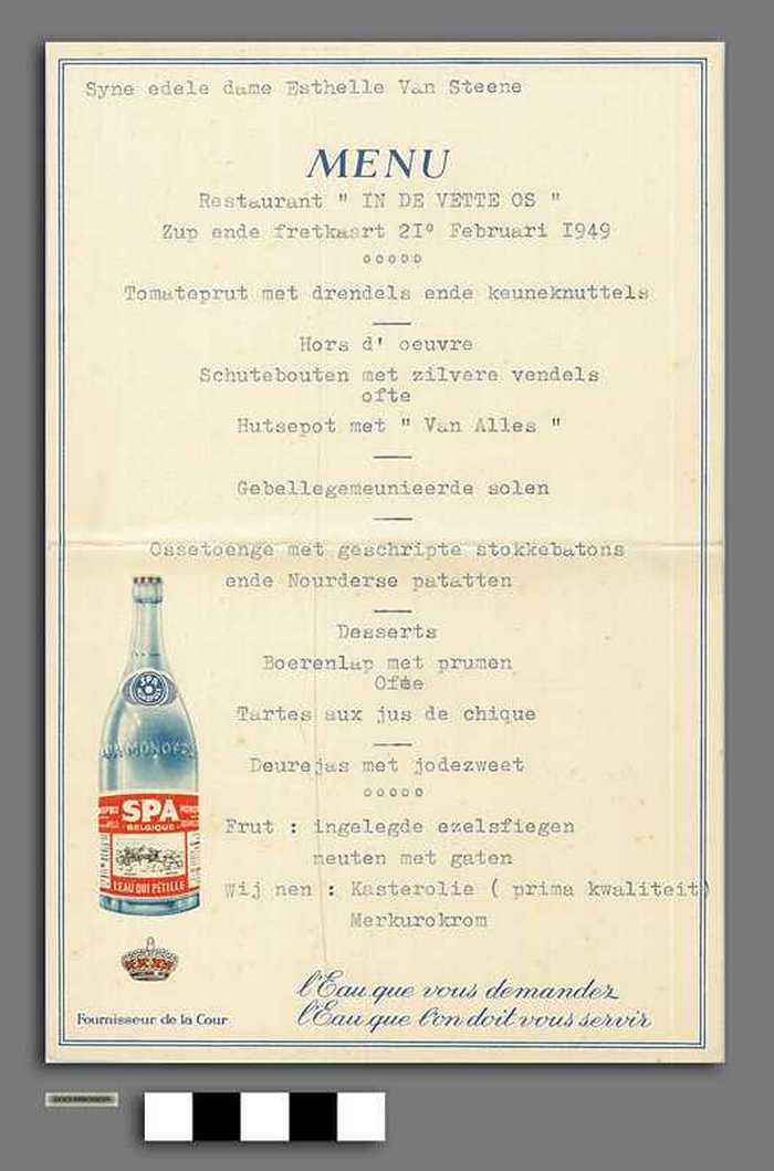 Esthelle Van Steene - Menu - Restaurant 'In de vette os' - Zup ende fretkaart - 21 februari 1949