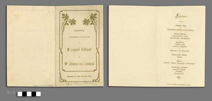 Feestmaal ter gelegenheid van het huwelijk van Mr Leopold Hoffstadt met Mfer Johanna van Loenhout - Knocke a/z, den 14 Juni 1911