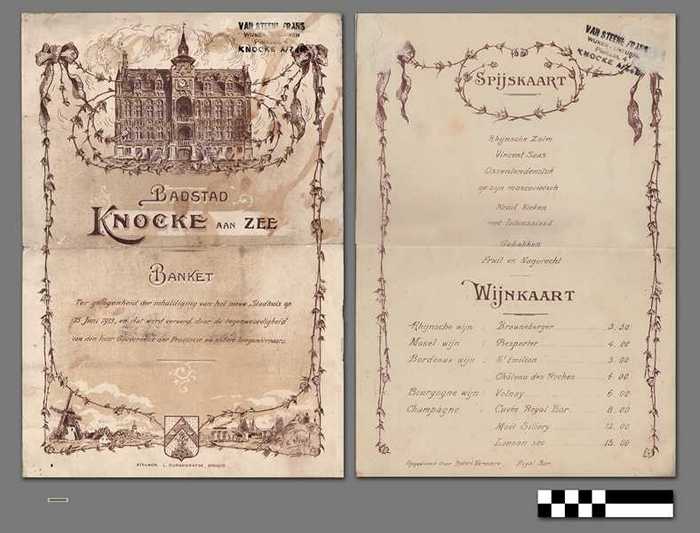 Badstad Knocke aan Zee - Menu: Ter gelegenheid der inhuldiging van het nieuw Stadhuis op 15 juni 1913