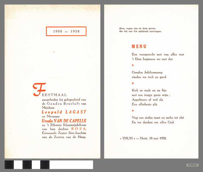 Feestmaal aangeboden ter gelegenheid van de Gouden Bruiloft van Mijnheer Leopold Lagast en Mevrouw Ursula Van De Cappelle - 1908-1958