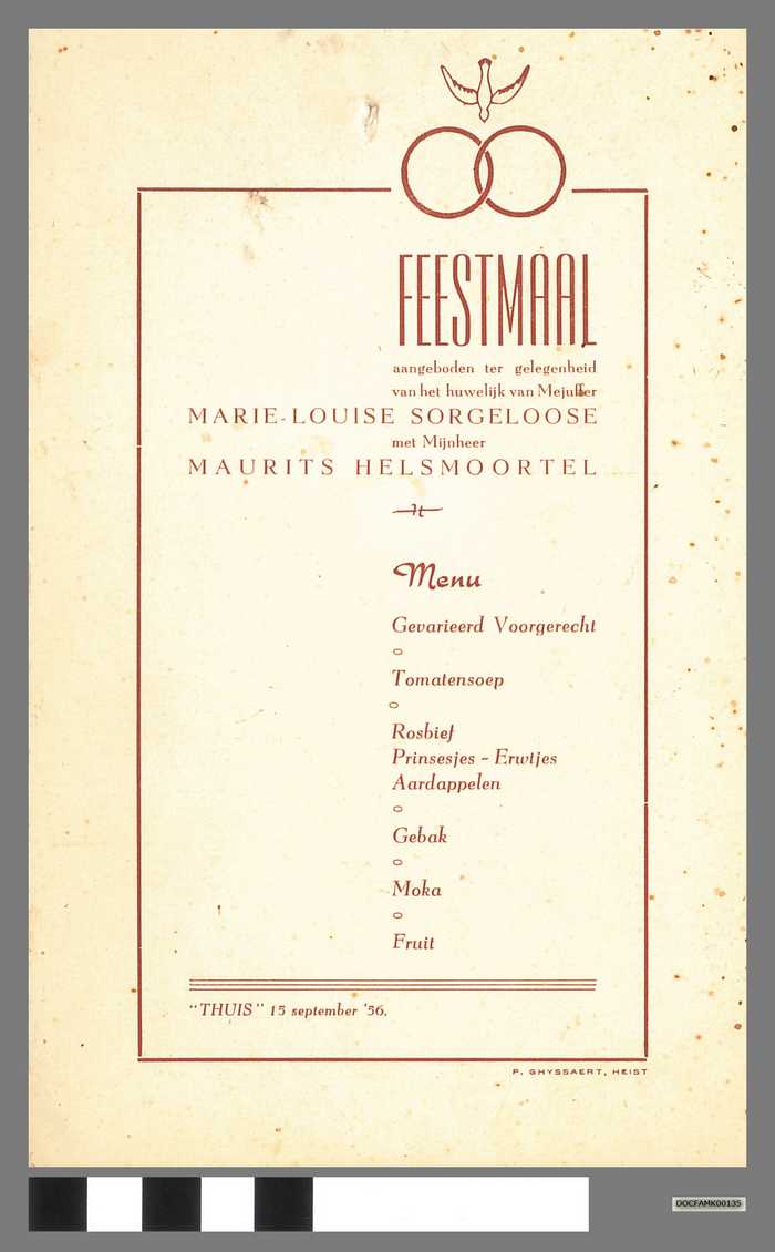 Feestmaal aangeboden ter gelegenheid van het huwelijk van Mejuffer Marie-Louise Sorgeloos met Mijnheer Maurits Helsmoortel