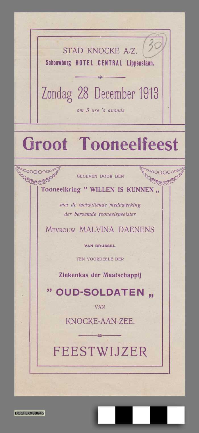 Groot Tooneelfeest zondag 28 december 1913 gegeven door den Tooneelkring 'Willen is Kunnen' - Feestwijzer