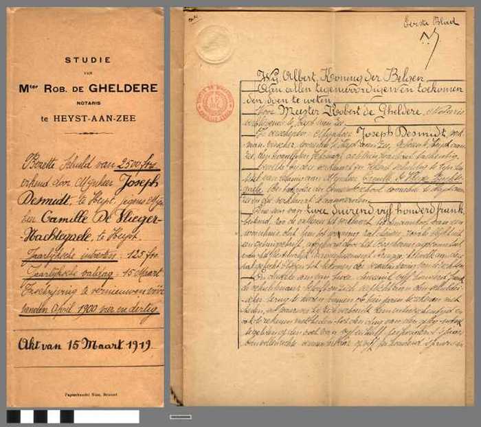 Notariële akte van een lening van 2.500 frank van ontlener Camille De Vliegher - Nachtegaele aan Joseph Desmidt, visscher, wonende te Heyst-aan-zee.
