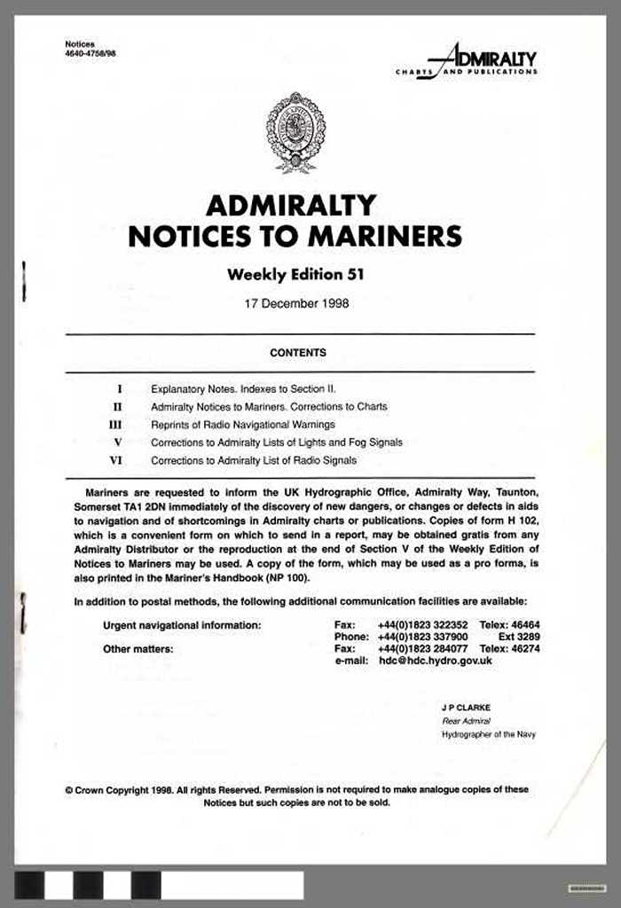 Admiralty Notices to Mariners - Weekly Edition 51 - 1998