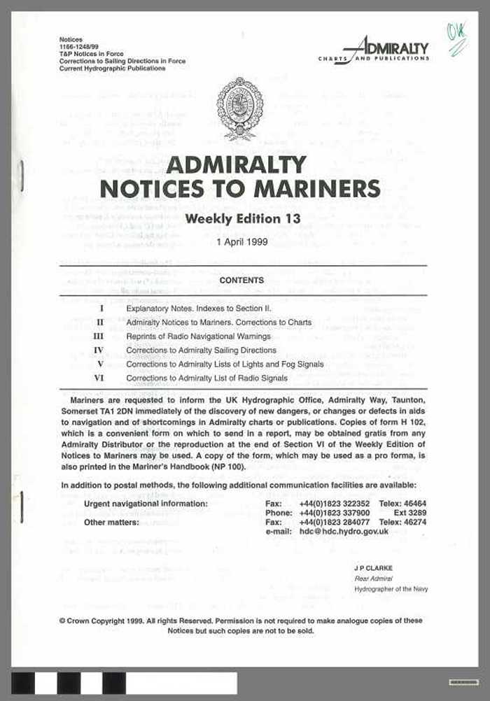 Admiralty Notices to Mariners - Weekly Edition 13 - 1999