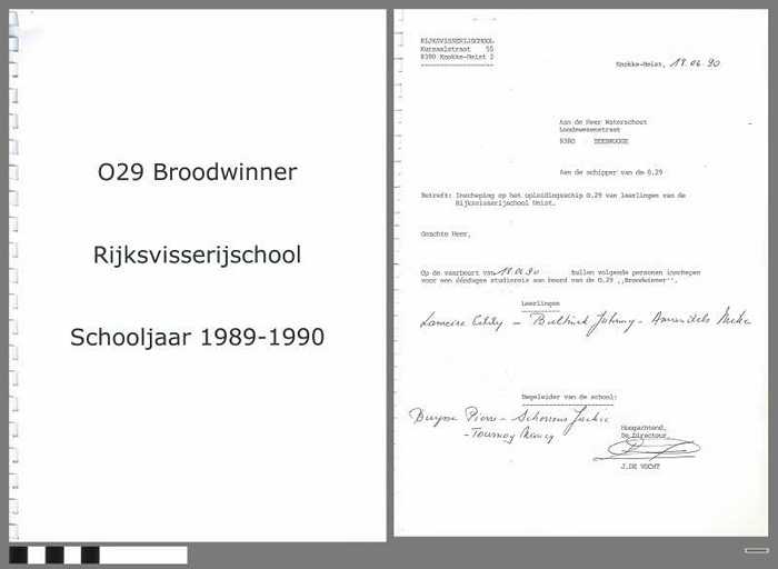 Inschepingsformulieren opleidingsschip O.29 Broodwinner - Rijksvisserijschool - Schooljaar 1989-1990