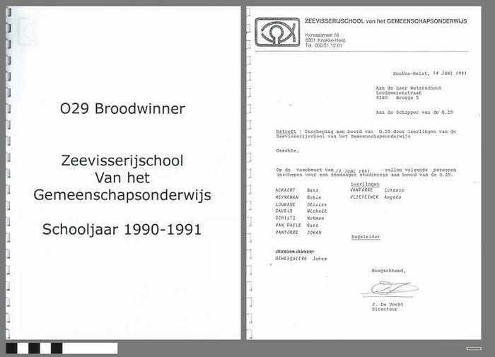 Inschepingsformulieren opleidingsschip O.29 Broodwinner - Zeevisserijschool van het Gemeenschapsonderwijs - Schooljaar 1990-1991