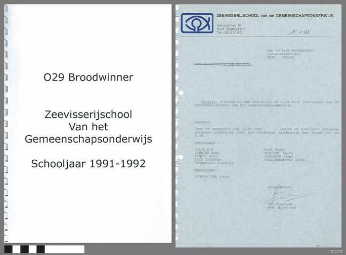 Inschepingsformulieren opleidingsschip O.29 Broodwinner - Zeevisserijschool van het Gemeenschapsonderwijs - Schoojaar 1991-1992