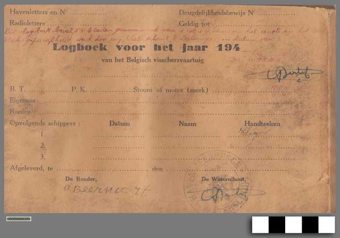 Logboek voor het jaar 1946 van het Belgisch visschersvaartuig - De Reeder, A. Beernaert