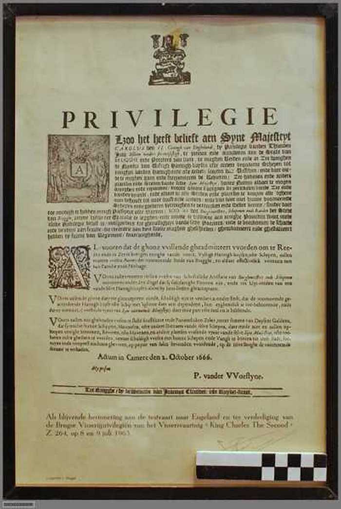 Brugse Visserijprivilegiën. Privilegie Karel II van Engeland aan de stad van Brugge van 10 juli 1666.