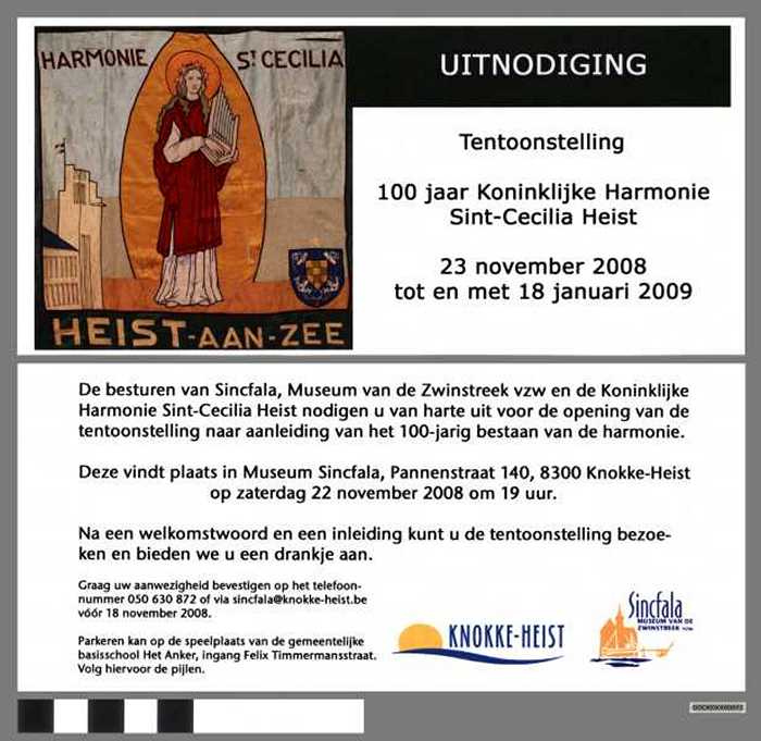 Uitnodiging tentoonstelling 100 jaar Koninklijke Harmonie Sint-Cecilia Heist.