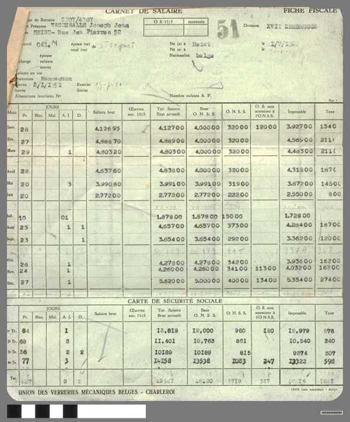 Carnet de salaire - Fiche Fiscale 1951 - Vandewalle Joseph