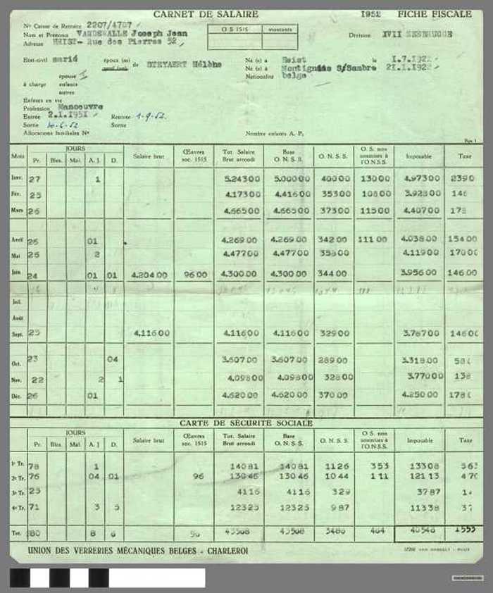 Carnet de salaire - 1952 - Fiche Fiscale - Vandewalle Joseph
