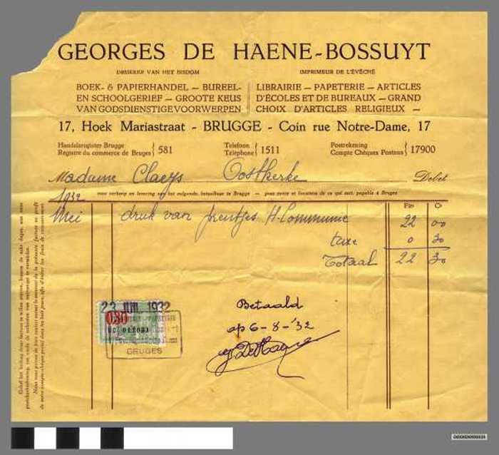 Betalingsbewijs drukkerij Georges De Haene- Bossuyt - Brugge