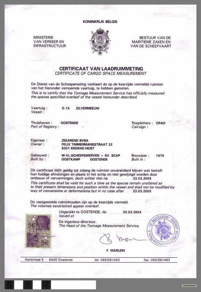 Certificaat van laadruimtemeting - O.15 - Zilvermeeuw