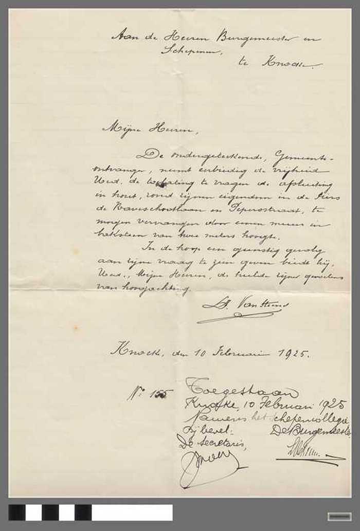 Brief van de gemeente-ontvanger Louis Van Steene aan College van Burgemeester en Schepenen betreffende afsluiting van zijn eigendom