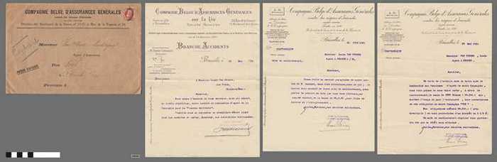 Envelop met drie brieven betreffende de verzekeringsmaatschappij 'Belge d'Asurances Générales waar Van Steene Louis agent was en commissie kreeg
