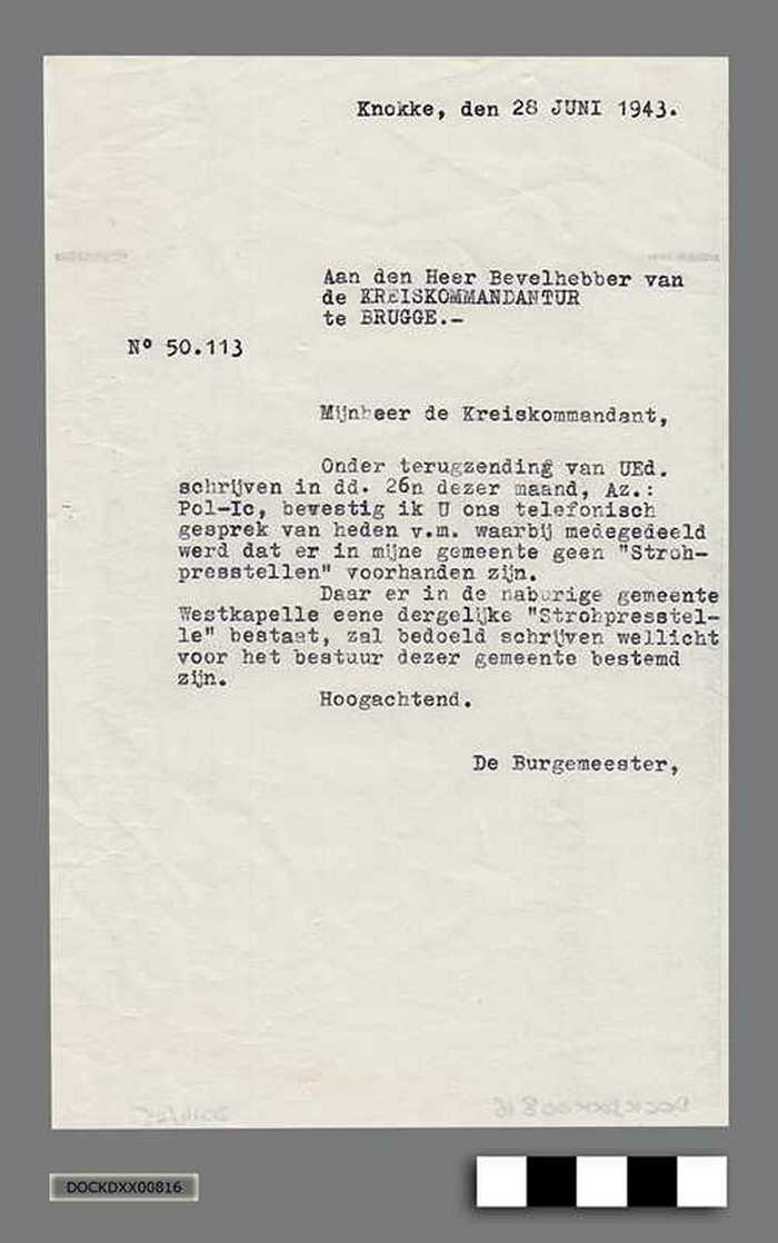Oorlogscorrespondentie anno 1943 - Geen machines voorhanden zijn om strobalen te maken
