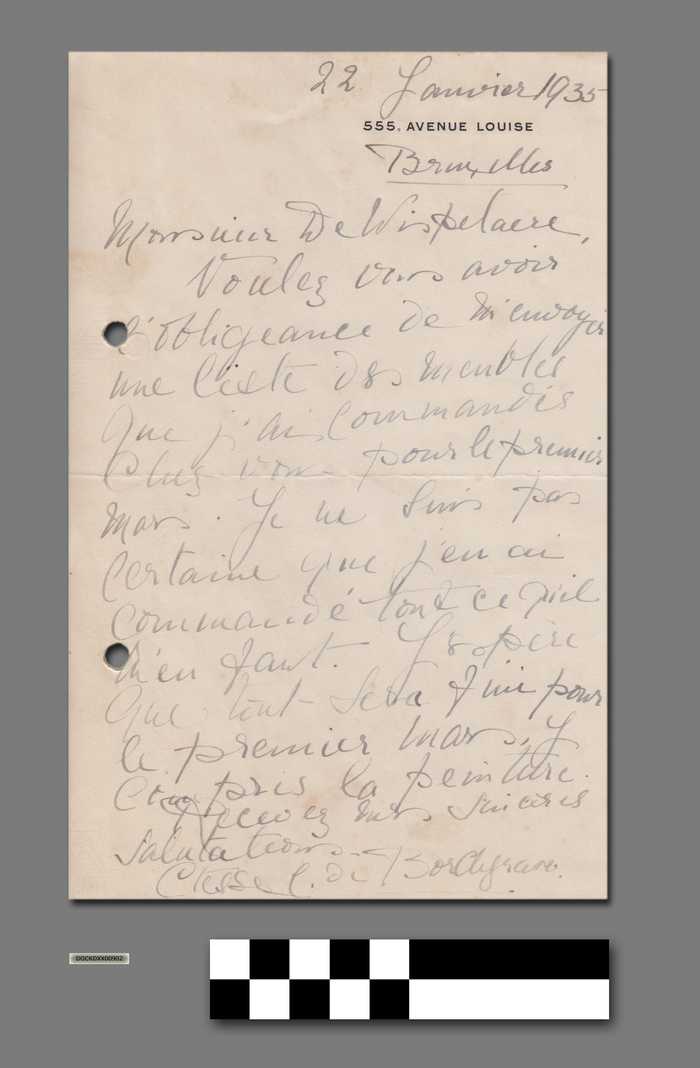 Brief aan monsieur De Wispelaere van Gravin de Bochgraeve dd. 22 janvier 1935