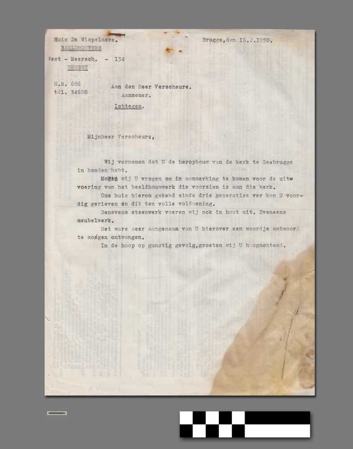 Brief van  Huis De Wispelaere, Beeldhouwers aan de heer Verscheure betreffende de heropbouw van de kerk van Zeebrugge