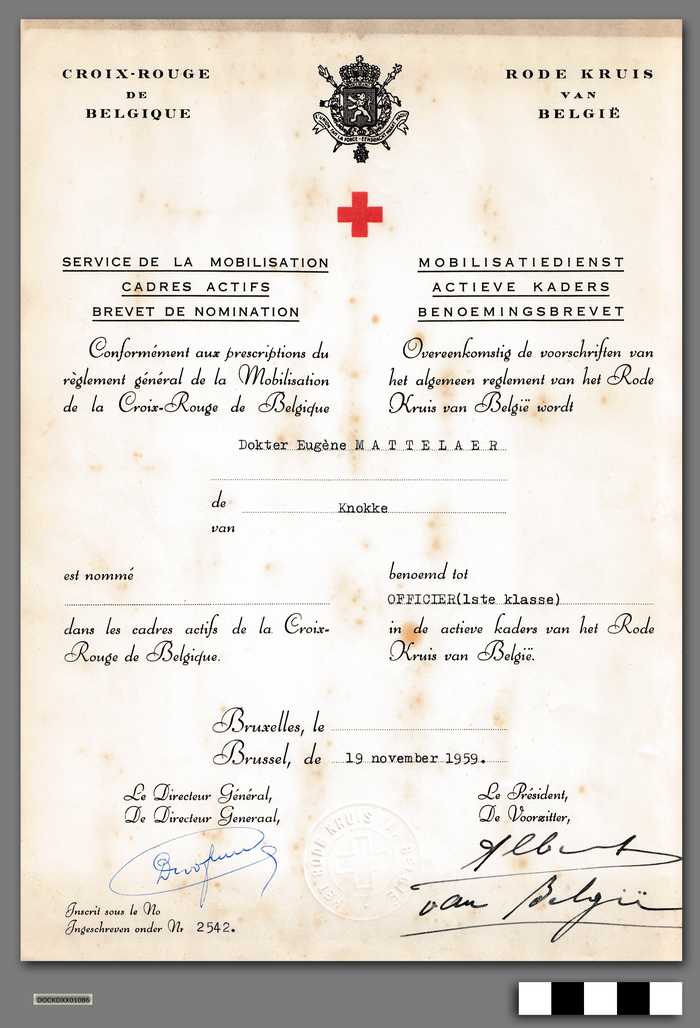 Rode Kruis van België - Mobilisatiedienst Actieve Kaders Benoemingsbrevet - Officier (1ste klasse) op naam van Dokter Eugène Mattelaer