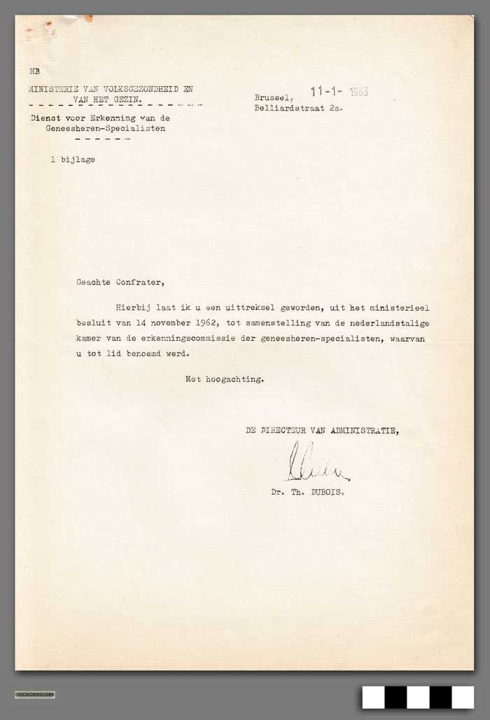 Uittreksel uit het M.B. van 14 november 1962 tot samenstellng van de Nederlandstalige Kamer van de Erkenningscommissie der Geneesheren-specialisten