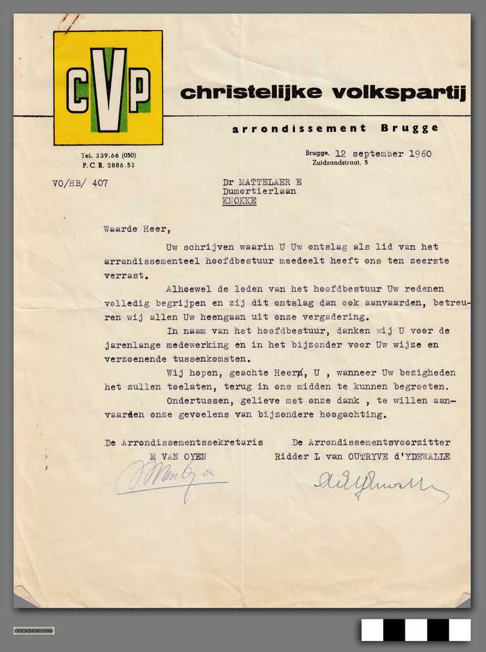 Brief van de CVP aan dr. E. Mattelaer betreffende zijn ontslag als lid van het arrondissementeel hoofdbestuur.