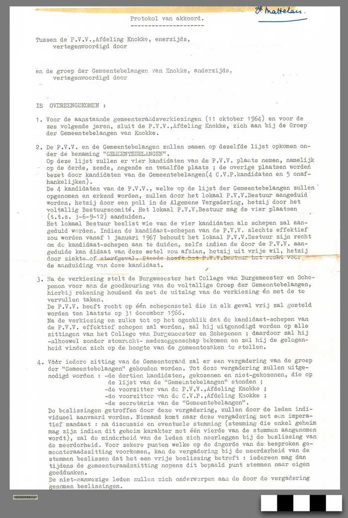 Protokol van akkoord tussen de P.V.V. afdeling Knokke en de groep Gemeentebelangen van Knokke voor de gemeenteraadsverkiezingen van 11 oktober 1964