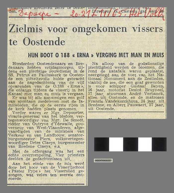 Zielmis voor omgekomen vissers te Oostende - Hun boot O.188 Erna verging met man en muis