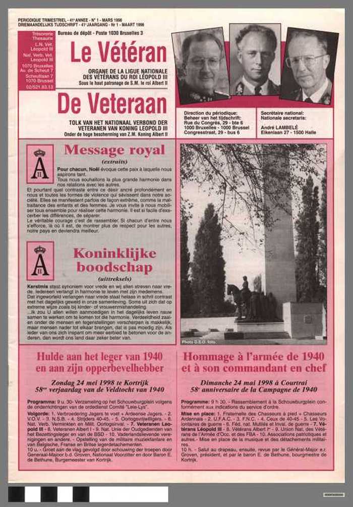 Le Vétéran, de Veteraan, tolk van het Nationaal Verbond der veteranen van koning Leopold III - 41e jaargang, nr 1 - maart 1998