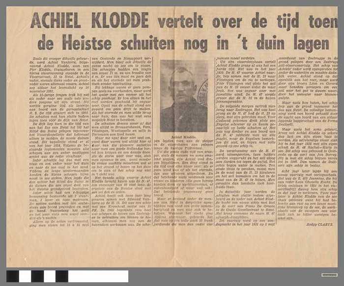 Krantenknipsel: ACHIEL KLODDE vertelt over de tijd toen de Heistse schuiten nog in 't duin lagen
