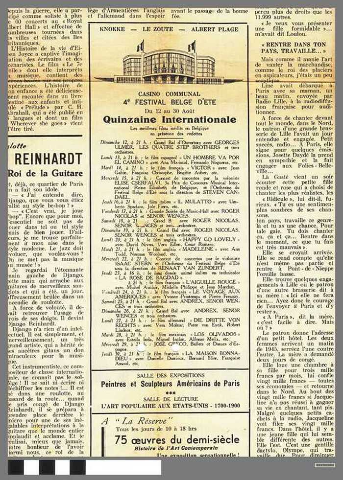 Krantenartikel: En marge du IVe Festival Belge d'été à Knokke-Le Zoute - Quinzaine Internationale - 1951