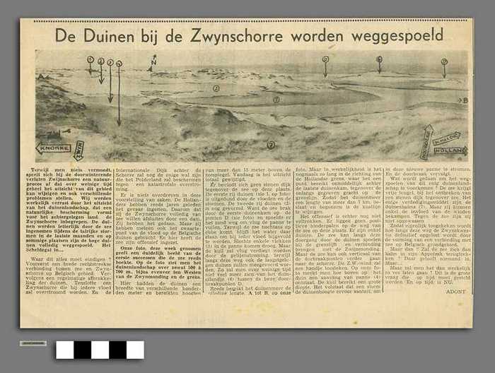 Uitgeknipt krantenartikel: De duinen bij de Zwyneschorre worden weggespoeld