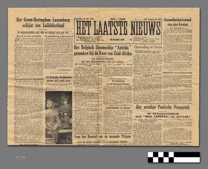 Krant: Het Laatste Nieuws van 16/05/1945 - Het netelige Poolsche Vraagstuk - 34 Duitsche Duikbooten gaven zich reeds over...