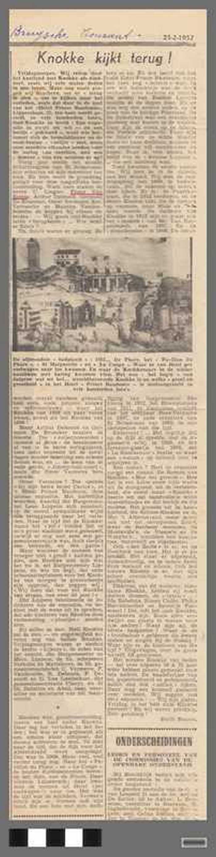 Uitgeknipt krantenartikel uit Brugsche Courant:  Knokke kijkt terug! - 23-2-1952