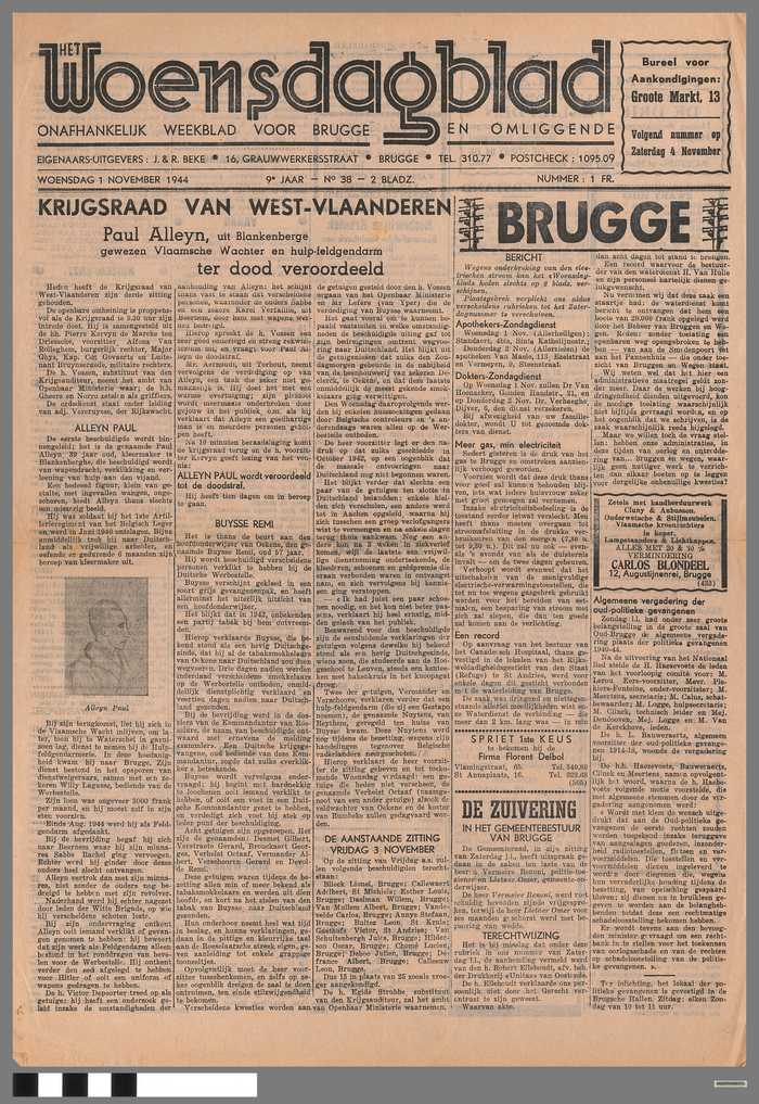 Krant: Het Woensdagblad - Onafhankelijk weekblad voor Brugge en omliggende - woensdag 1 november 1944 - 9e jaar - N