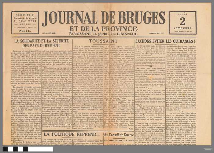 Krant: Journal de Bruges et de la Province - jeudi 2 novembre 1945 - 108e ann