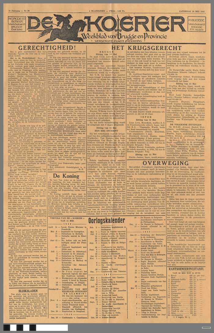 Krant: De Koerier - Weekblad voor Brugge en Provincie - zaterdag 19 mei 1945 - 2e Jaargang - N