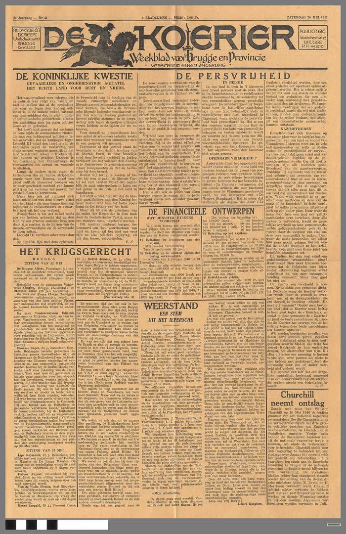 Krant: De Koerier - Weekblad voor Brugge en Provincie - zaterdag 26 mei 1945 - 2e Jaargang - N