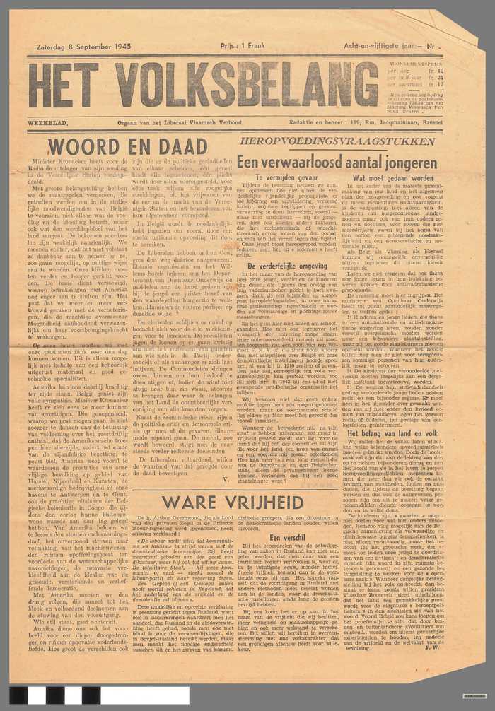 Krant: Het Volksbelang - Orgaan van het Liberaal Vlaamsch Verbond - zaterdag 8 september 1945 - 58e jaar - N