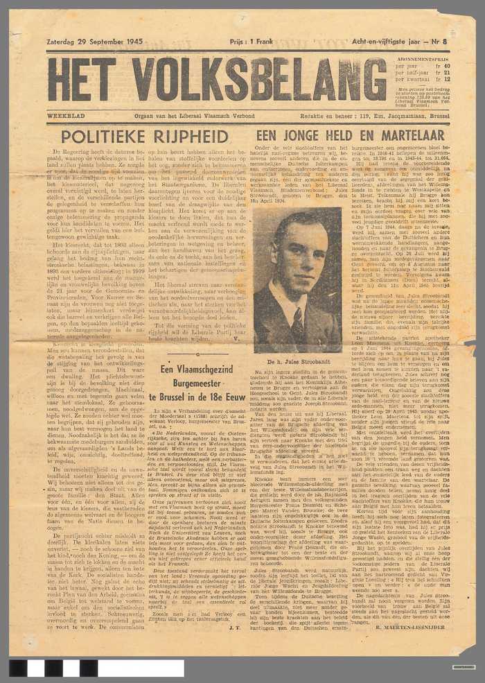 Krant: Het Volksbelang - Orgaan van het Liberaal Vlaamsch Verbond - zaterdag 29 september 1945 - 58e jaar - N