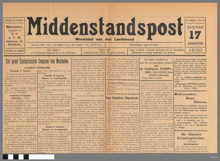 Krant: Middenstandspost - Weekblad van den landsbond - 5e jaar nr. 32 - zondag 17 augustus 1930